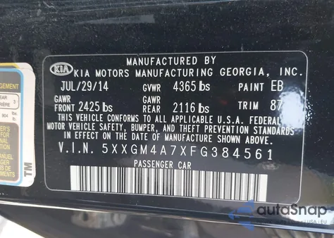 2015 Kia Optima Lx from USA, damaged, VIN 5XXGM4A7XFG384561